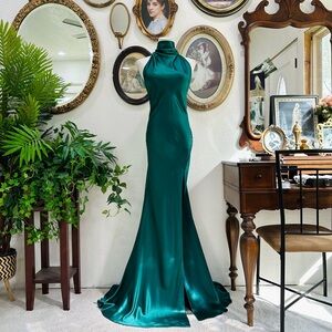 Emerald Green Satin Halter Maxi Dress